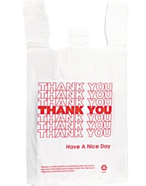 Plastic T-Shirt Bags, White With Red Thank You - 1/8 Size, 10x5x18