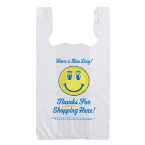 Plastic T-Shirt Bags With Smile Face - 1/6 Size, 12x7x22, 15mic - 500/Cs