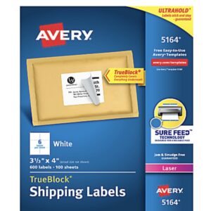 Avery® TrueBlock® Shipping Labels 5164, Rectangle, 3 1/3" x 4", White 600 Ct