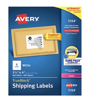 Avery® TrueBlock® Shipping Labels 5164, Rectangle, 3 1/3" x 4", White 600 Ct