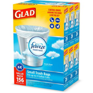 Glad Small Twist-Tie White Trash Bags, Fresh Clean Scent with Febreze Freshness, 4 gal. 156 ct.