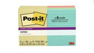 Post-it Super Sticky Notes, 4" x 6", Assorted Colors, Lined 8/100Ct