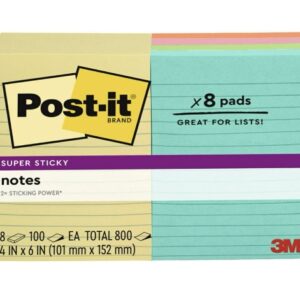 Post-it Super Sticky Notes, 4" x 6", Assorted Colors, Lined 8/100Ct