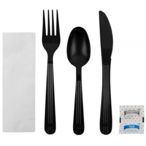 PE-  Black Cutlery (Knife, Fork, Spoon, Napkin, Salt, & Pepper) 6 Pcs - 250 Ct